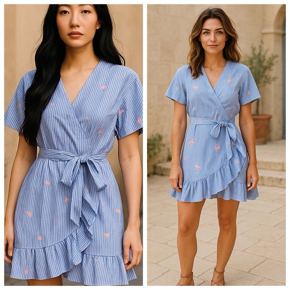 ROMEO & JULIET COUTURE Blue & White Striped Wrap Dress With Flamingos, Small - Picture 12 of 12